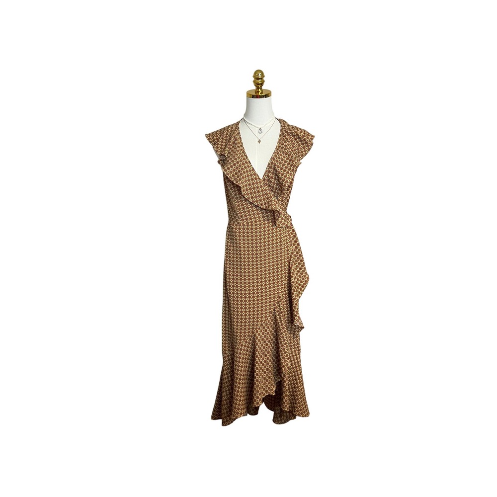 Max Studio Mustard Yellow Geometric Ruffle Wrap Midi Dress 8901C51 Womens Medium